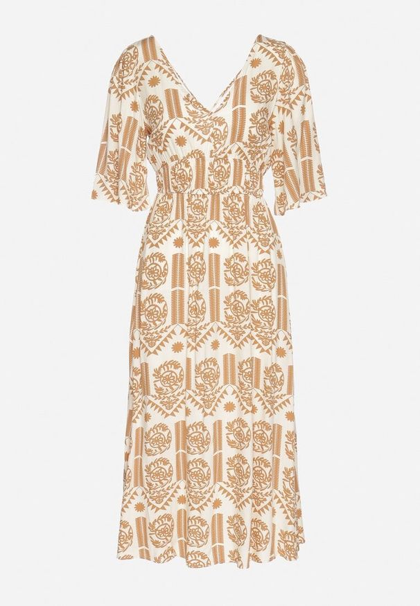 Born2be - Ciemnobeżowa Sukienka Wiskozowa Rozkloszowana z Odkrytymi Plecami w Print Boho Turaisa. Okazja: na co dzień. Typ kołnierza: dekolt w kształcie V. Kolor: beżowy. Materiał: wiskoza. Długość rękawa: długi rękaw. Wzór: nadruk. Typ sukienki: rozkloszowane, proste. Styl: boho