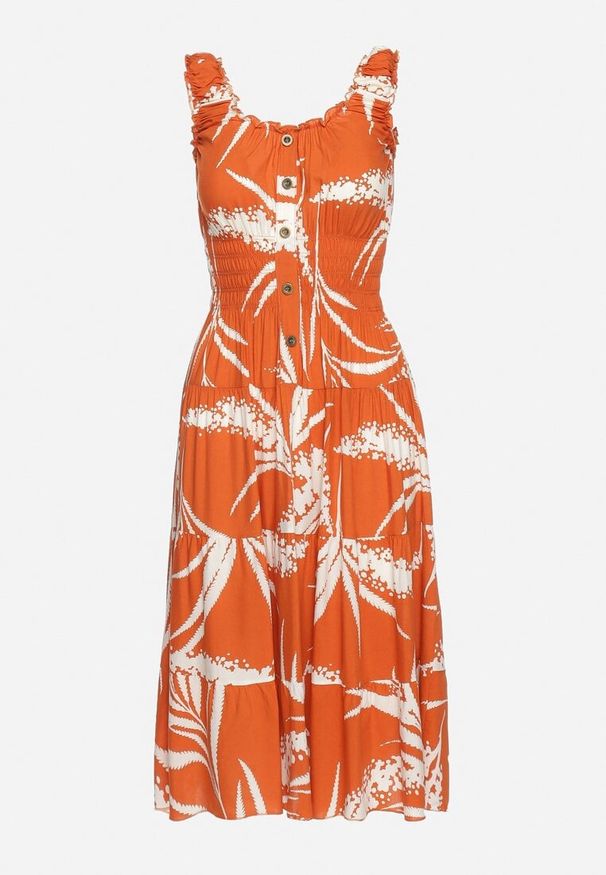 Born2be - Pomarańczowa Wiskozowa Sukienka na Ramiączkach z Gumką w Pasie Oslifea. Okazja: na co dzień, na imprezę. Kolor: pomarańczowy. Materiał: wiskoza. Długość rękawa: na ramiączkach. Wzór: aplikacja. Sezon: lato. Styl: casual