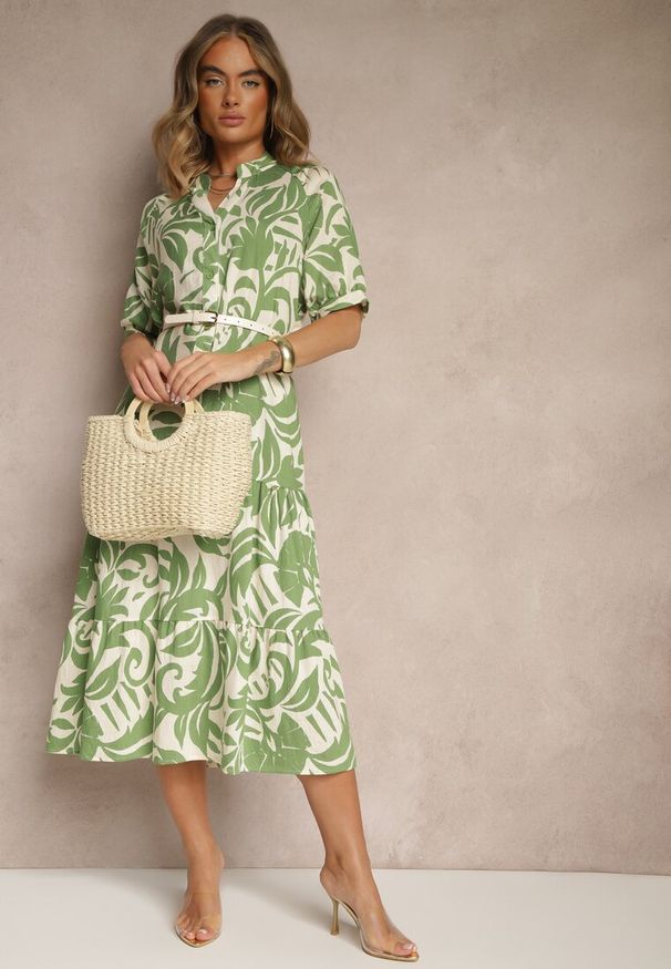 Renee - Zielona Rozkloszowana Sukienka z Wiskozy Ozdobiona Falbaną Filesenia. Kolor: zielony. Materiał: wiskoza. Wzór: aplikacja. Styl: elegancki