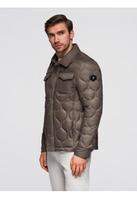 Ombre Clothing - Pikowana kurtka męska w koszulowym fasonie – khaki V3 - Rozmiar: XXL. Okazja: na co dzień. Kolor: brązowy. Materiał: poliester, materiał. Wzór: aplikacja. Styl: casual, elegancki #8