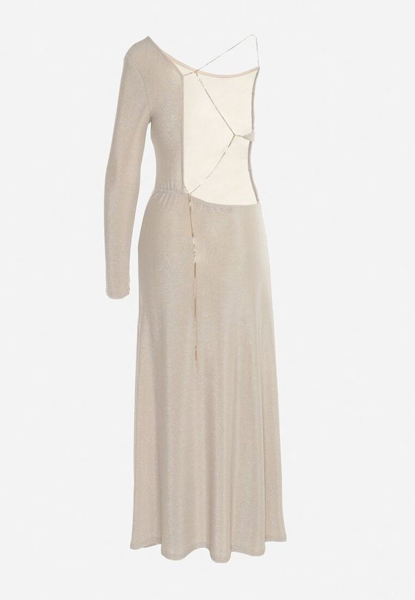 Born2be - Jasnobeżowa Sukienka Maxi o Asymetrycznym Kroju z Łańcuszkiem Verdisa. Kolor: beżowy. Wzór: aplikacja. Typ sukienki: asymetryczne. Styl: elegancki. Długość: maxi