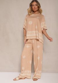 Renee - Beżowy Komplet Oversize z Bluzką i Luźnymi Spodniami w Stylu Boho Ronivara. Kolor: beżowy. Wzór: aplikacja