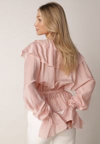 Born2be - Różowa Bluzka Elegancka z Falbanami z Rozszerzanymi Rękawami Irintora. Okazja: na co dzień. Kolor: różowy. Materiał: jeans. Długość: długie. Styl: elegancki #5