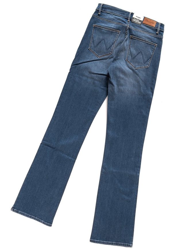 Wrangler - WRANGLER HIGH RISE BOOTCUT MISTY BLUE W27UU486L. Stan: podwyższony. Wzór: aplikacja