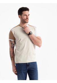 Ombre Clothing - Męski t-shirt z elastanem z kolorowymi rękawami - brązowy V1 OM-TSCT-0176 - XXL. Okazja: na co dzień. Kolor: brązowy. Materiał: elastan. Wzór: kolorowy. Styl: casual, klasyczny #2