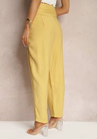 Renee - Żółte Spodnie High Waist Ozdobione Cyrkoniami Sajara. Stan: podwyższony. Kolor: żółty. Materiał: tkanina. Wzór: aplikacja. Sezon: lato #3