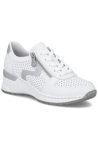 Skórzane sneakersy damskie na koturnie białe Rieker N4340-80. Kolor: biały. Materiał: skóra. Obcas: na koturnie #1