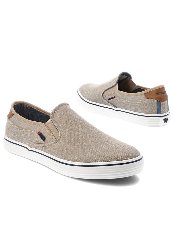 Tenisówki męskie Wrangler, materiałowe na płaskiej podeszwie wsuwane z gumką, beżowe, 20251031. Okazja: na co dzień, na spacer. Zapięcie: bez zapięcia. Kolor: beżowy. Szerokość cholewki: normalna. Wzór: kolorowy. Materiał: skóra, materiał, tkanina, len. Sezon: lato. Obcas: na płaskiej podeszwie. Styl: casual, sportowy