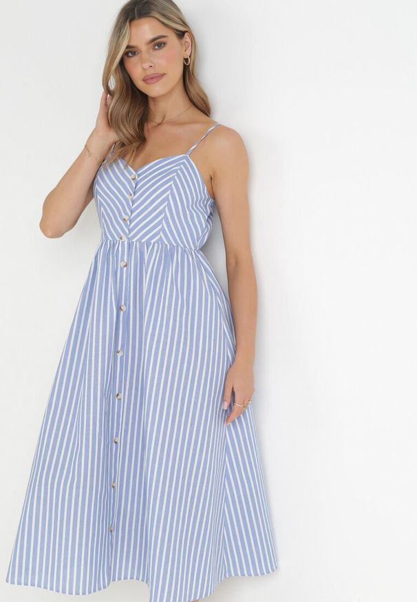Born2be - Niebieska Sukienka Midi w Paski na Regulowanych Ramiączkach Bartale. Kolor: niebieski. Długość rękawa: na ramiączkach. Wzór: paski. Długość: midi