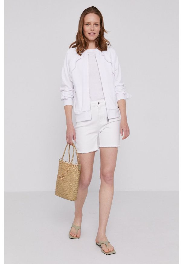 DKNY - Dkny Szorty jeansowe damskie kolor biały gładkie high waist. Stan: podwyższony. Kolor: biały. Materiał: jeans. Wzór: gładki