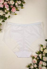 Renee - Białe Majtki z Wysokim Stanem Ozdobione Koronką Chesen. Stan: podwyższony. Kolekcja: plus size. Kolor: biały. Materiał: koronka. Wzór: koronka, aplikacja