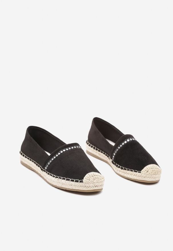 Born2be - Czarne Espadryle z Plecioną Podeszwą i Noskiem Effily. Kolor: czarny. Materiał: len. Wzór: aplikacja. Sezon: lato. Obcas: na obcasie. Styl: wizytowy, elegancki. Wysokość obcasa: niski
