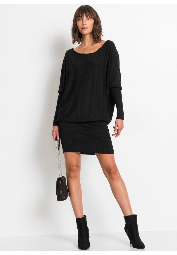 bonprix - Sukienka dzianinowa z lejącej mieszanki wiskozy. Kolor: czarny. Materiał: dzianina, wiskoza. Styl: elegancki