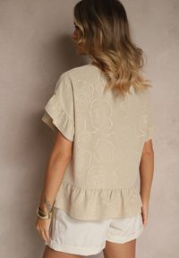 Renee - Beżowa Bluzka Oversize Ozdobiona Falbanami Liriele. Okazja: na co dzień. Kolor: beżowy. Materiał: jeans. Wzór: aplikacja. Styl: casual