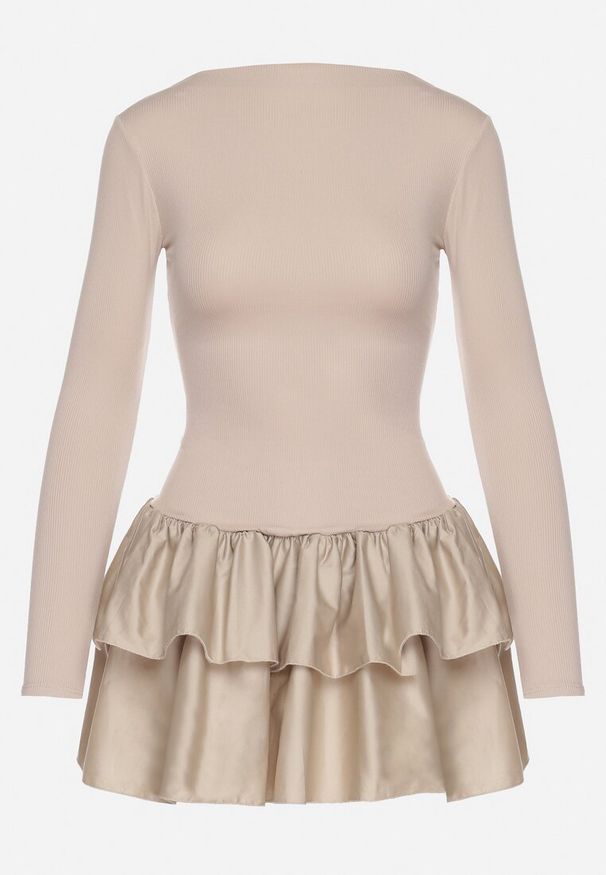 Born2be - Beżowa Rozkloszowana Sukienka z Długim Rękawem i Falbanką Reonaria. Okazja: na co dzień. Kolor: beżowy. Długość rękawa: długi rękaw. Styl: casual, elegancki