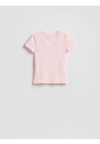 Reserved - Bawełniany t-shirt slim fit - pastelowy róż. Kolor: różowy. Materiał: bawełna