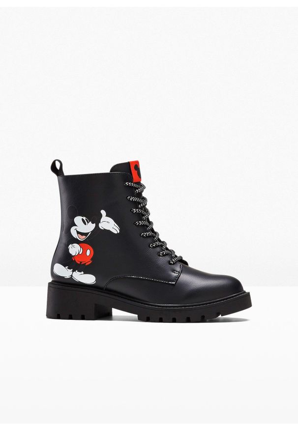 bonprix - Botki sznurowane Myszka Miki. Kolor: czarny. Styl: militarny