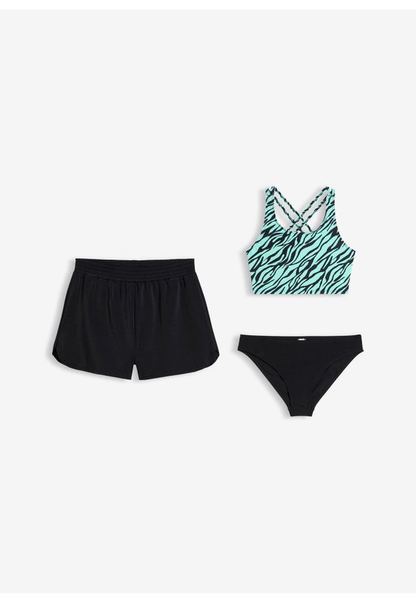 bonprix - Bikini + szorty (komplet 3-cz.). Kolor: czarny