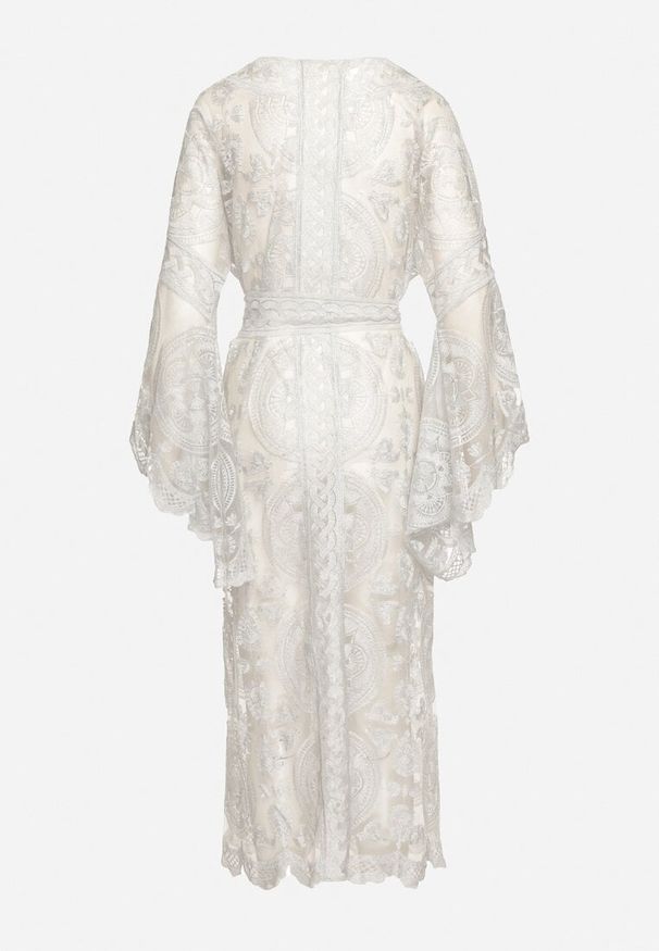 Born2be - Jasnoszara Tunika Narzutka z Przeźroczystego Koronkowego Materiału Wiązana w Pasie Rikasa. Kolor: szary. Materiał: materiał, koronka. Sezon: lato