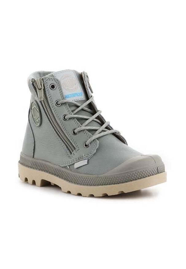 Buty do chodzenia dla dzieci Palladium Pampa HI Cuff WP. Wysokość cholewki: za kostkę. Zapięcie: sznurówki. Kolor: szary. Materiał: materiał, syntetyk. Szerokość cholewki: normalna. Sport: turystyka piesza