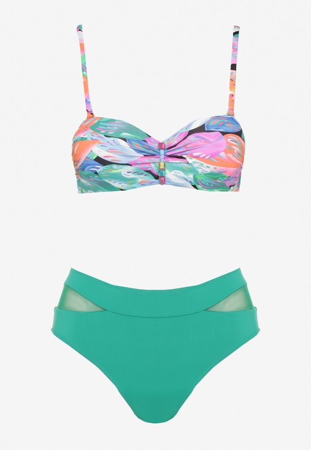 Born2be - Ciemnozielone Bikini Biustonosz i Majtki Figi z Abstrakcyjnym Wzorem Arinira. Kolor: zielony