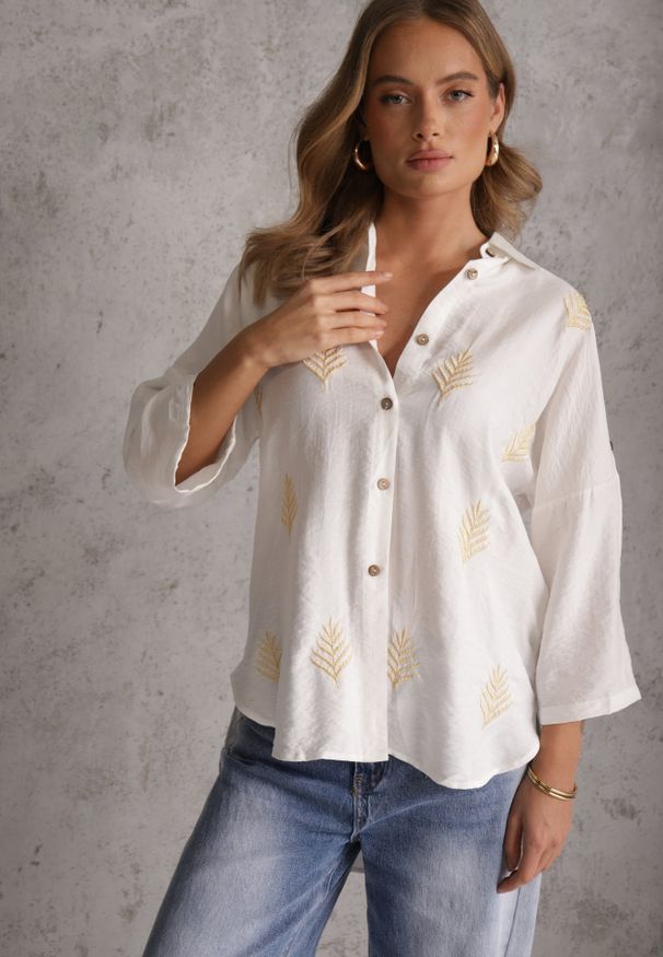 Renee - Biała Wiskozowa Koszula z Przedłużonym Tyłem Haftem i Podpinanymi Rękawami Sophora. Okazja: na co dzień. Kolekcja: plus size. Kolor: biały. Materiał: wiskoza. Wzór: haft. Sezon: lato. Styl: casual