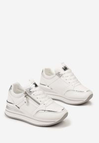 Renee - Białe Sneakersy na Platformie z Metaliczną Lamówką i Brokatem Bivina. Kolor: biały. Wzór: aplikacja. Obcas: na platformie #4