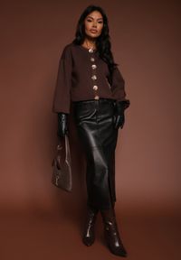 Renee - Brązowy Kardigan z Wiskozą Zdobiony Eleganckimi Napami i Bufiastymi Rękawami Acannte. Kolor: brązowy. Materiał: wiskoza. Wzór: aplikacja. Styl: elegancki #2