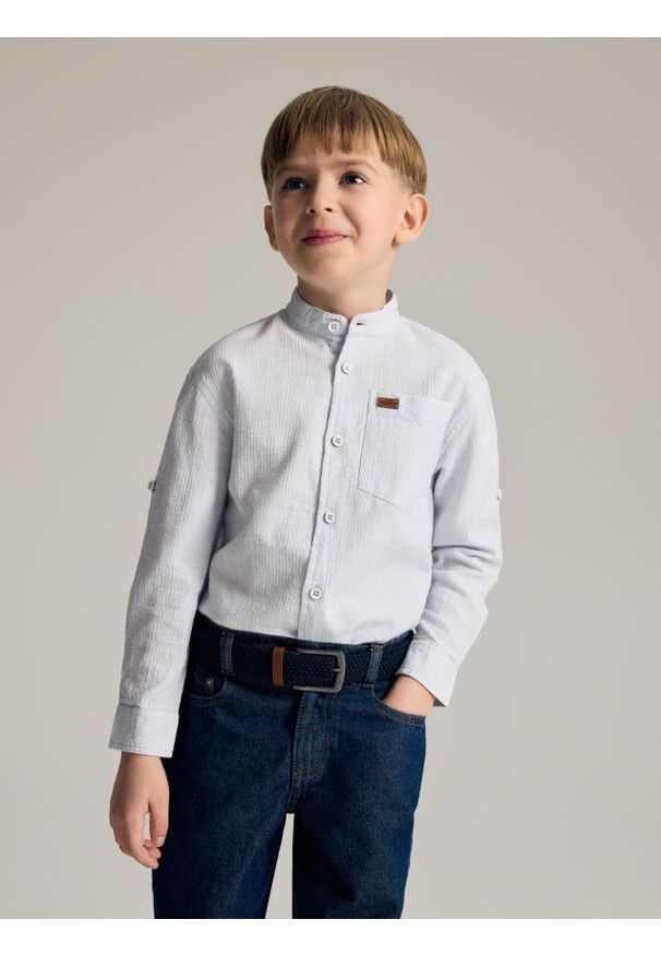 Reserved - Bawełniana koszula ze stójką - jasnoniebieski. Typ kołnierza: kołnierzyk stójkowy. Kolor: niebieski. Materiał: bawełna