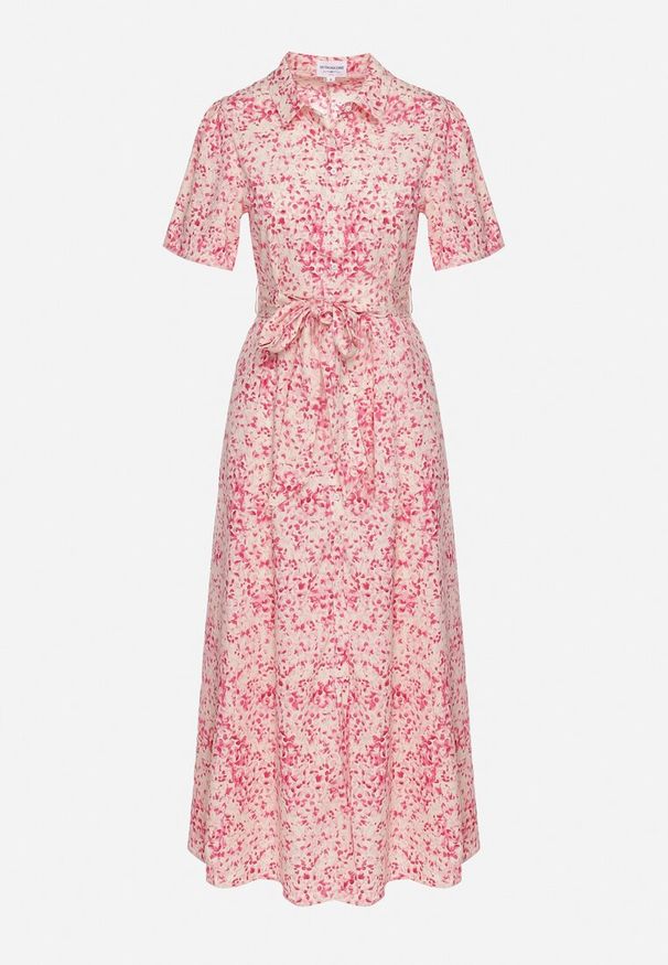 Born2be - Różowa Koszulowa Sukienka w Kwiaty Zapinana na Guziki z Materiałowym Paskiem Eseria. Kolor: różowy. Materiał: materiał. Wzór: kwiaty. Typ sukienki: koszulowe