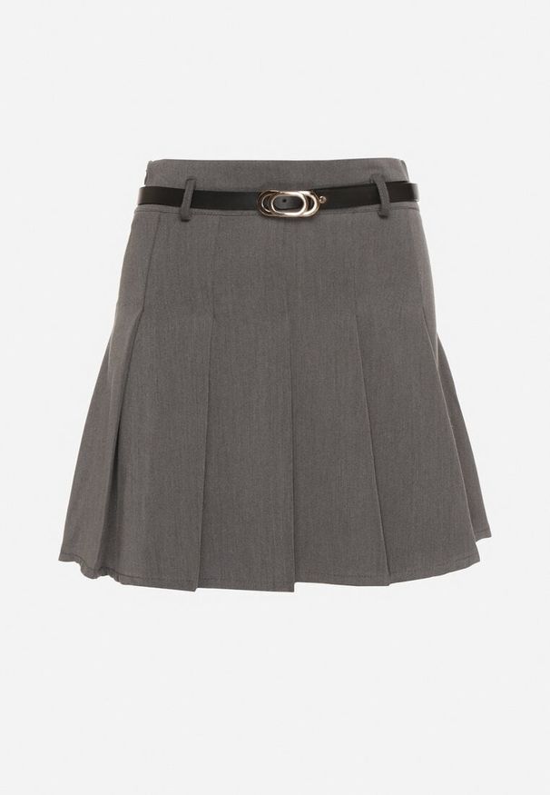 Born2be - Szara Plisowana Spódnica z Wiskozą Ozdobiona Paskiem Semarise. Okazja: na co dzień. Kolor: szary. Materiał: wiskoza. Wzór: aplikacja. Styl: casual, elegancki