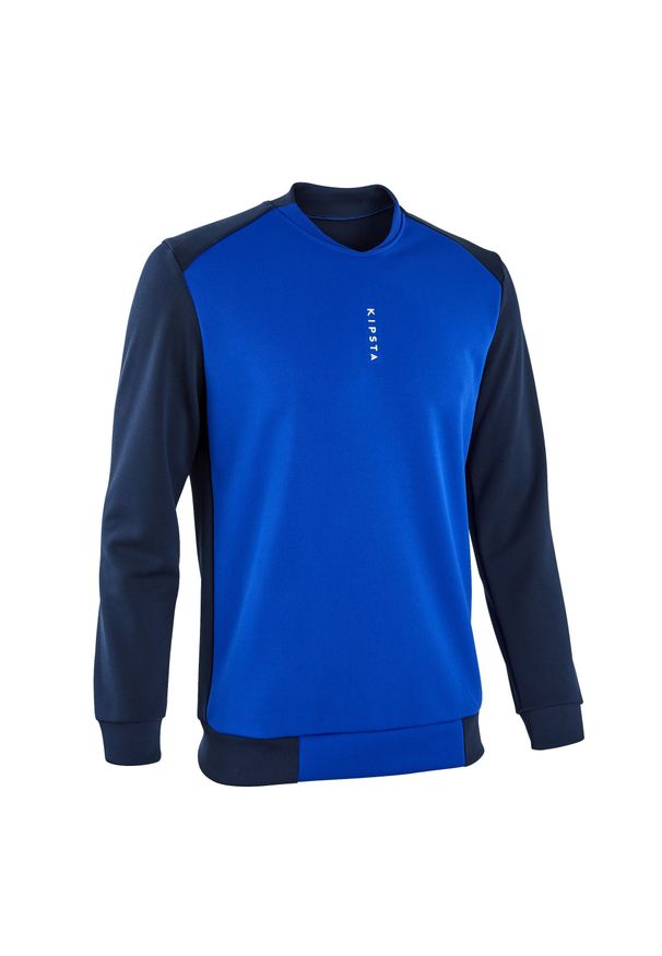 KIPSTA - Bluza piłkarska dla dorosłych Kipsta T100. Typ kołnierza: dekolt w kształcie V. Kolor: niebieski. Materiał: tkanina, poliester, prążkowany, elastan, materiał. Sport: piłka nożna