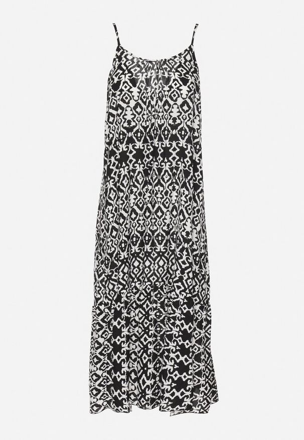 Born2be - Czarna Sukienka z Bawełny z Geometrycznym Motywem Koladiela. Okazja: na spacer. Kolor: czarny. Materiał: bawełna. Długość rękawa: na ramiączkach. Wzór: geometria. Sezon: lato