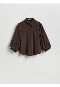 Reserved - Koszula z bufiastymi rękawami - ciemnobrązowy. Kolor: brązowy. Materiał: tkanina, wiskoza, len