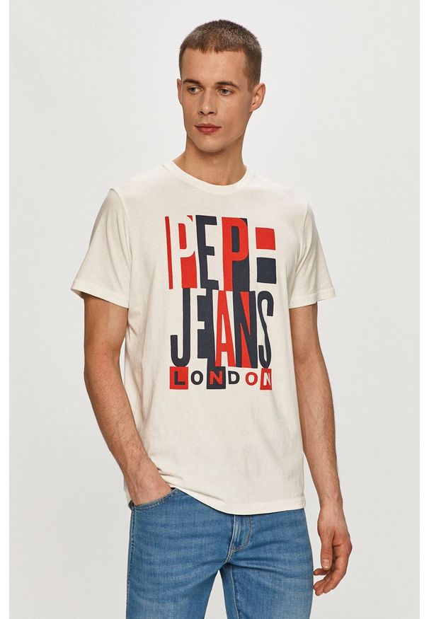 Pepe Jeans - T-shirt Davy. Okazja: na co dzień. Kolor: biały. Materiał: dzianina. Wzór: nadruk. Styl: casual