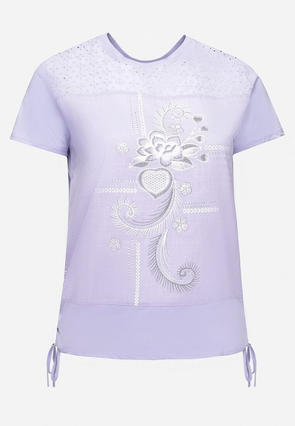 Born2be - Fioletowy T-shirt z Bawełny Ozdobiony Cyrkoniami i Ściągaczami po Bokach Forena. Okazja: na co dzień. Kolor: fioletowy. Materiał: bawełna. Wzór: aplikacja. Styl: casual