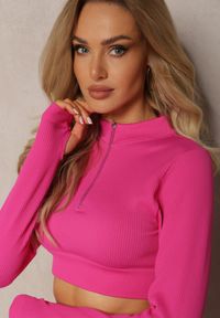 Renee - Fuksjowa Elastyczna Bluzka na Suwak z Wycięciem przy Ściągaczu Denalla. Okazja: na co dzień. Kolor: różowy. Styl: casual