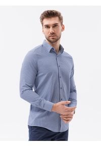 Ombre Clothing - Żakardowa koszula męska z drobnym wzorem REGULAR FIT - granatowa V2 K623 - XL. Okazja: na spotkanie biznesowe, do pracy, na co dzień. Kolor: niebieski. Materiał: żakard. Długość rękawa: długi rękaw. Długość: długie. Styl: biznesowy, klasyczny, casual
