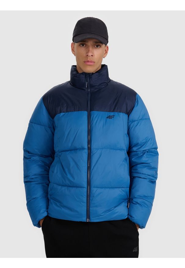 4f - 4F Kurtka puchowa z wypełnieniem syntetycznym męska - granatowa S. Typ kołnierza: kołnierzyk stójkowy. Kolor: niebieski. Materiał: syntetyk, puch