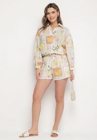 Born2be - Żółte Szorty ze Wzorem Boho i Wiązaniem Fevelarise. Okazja: na co dzień. Kolor: beżowy. Styl: boho #6