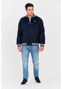 Tommy Jeans - TOMMY JEANS Granatowy męski bomber z domieszką wełny Varsity. Okazja: na co dzień. Kolor: niebieski. Materiał: wełna. Wzór: paski. Styl: sportowy, casual, klasyczny, elegancki