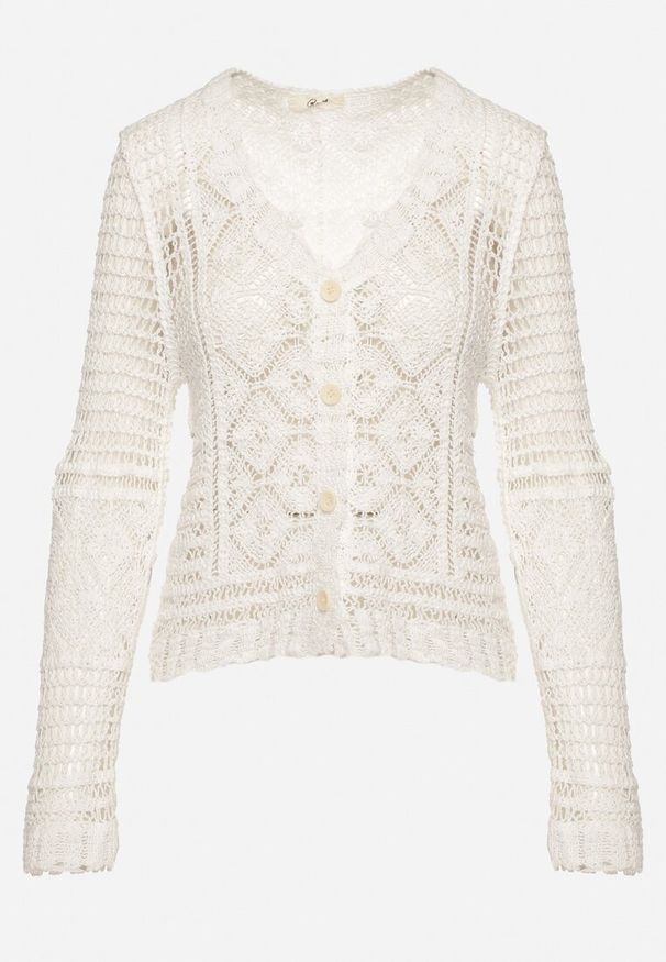 Born2be - Biały Ażurowy Kardigan z Bawełny Kolurelle. Okazja: na co dzień. Kolor: biały. Materiał: bawełna. Wzór: ażurowy. Styl: casual