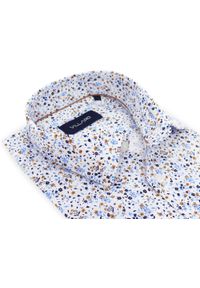 Mmer / Villaro - Koszule męskie - Biała koszula w drobne brązowo-granatowe kwiatki I079. Kolor: biały, brązowy, wielokolorowy, niebieski. Materiał: bawełna, elastan, tkanina. Długość: długie. Wzór: kwiaty #1