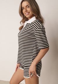 Born2be - Beżowo-Czarny Dzianinowy Komplet Oversize w Paski Koszulka Polo i Szorty Tesanore. Kolor: beżowy. Materiał: dzianina. Wzór: paski #3