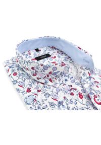 Mmer / Villaro - Koszule męskie - Biała koszula Mmer we wzór - kwiaty E107. Typ kołnierza: button down. Kolor: biały. Materiał: bawełna, elastan, tkanina. Długość: długie. Wzór: kwiaty. Styl: elegancki #1