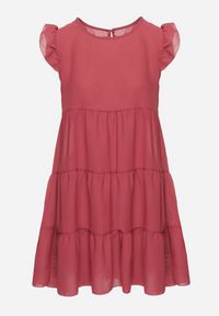 Born2be - Ciemnoróżowa Rozkloszowana Sukienka z Falbankami Zapinana przy Szyi Rettesa. Okazja: na co dzień. Typ kołnierza: kołnierz z falbankami. Kolor: różowy. Materiał: wiskoza, tkanina. Sezon: lato. Styl: casual, elegancki #7