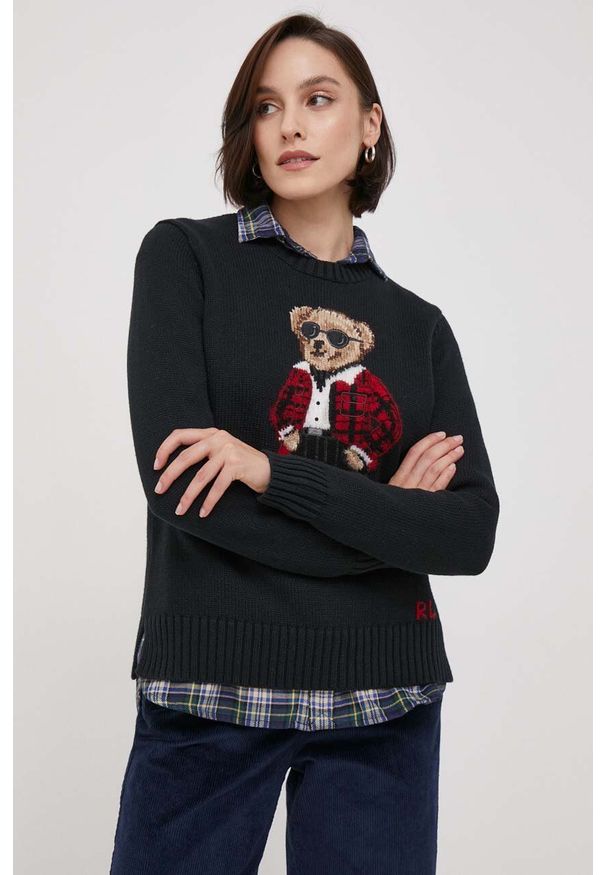 Polo Ralph Lauren sweter bawełniany kolor czarny. Typ kołnierza: polo. Kolor: czarny. Materiał: bawełna. Styl: klasyczny