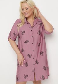 Born2be - Ciemnoróżowa Koszulowa Sukienka z Guzikami i Regulowanymi Rękawami Xatella. Kolekcja: plus size. Kolor: różowy. Wzór: kwiaty. Typ sukienki: koszulowe #4
