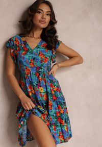 Renee - Niebieska Wiskozowa Sukienka Mini z Falbaną Linne. Kolor: zielony. Materiał: wiskoza. Długość rękawa: krótki rękaw. Sezon: lato, wiosna. Długość: mini