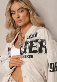 Renee - Beżowa Kurtka Bomberka z Nadrukiem Bossea. Kolor: beżowy. Materiał: tkanina. Wzór: nadruk. Styl: elegancki #3